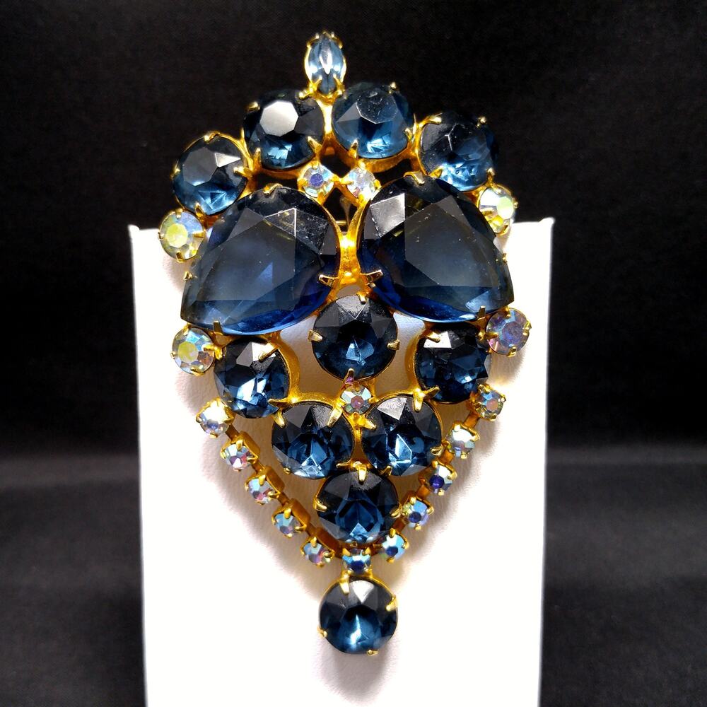 Vintage Blue Rhinestone Brooch Pendant AB Dangle Gold Tone 1960s